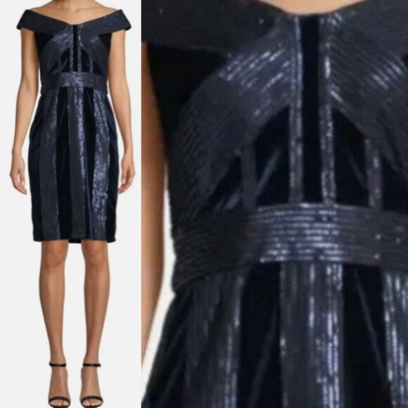 NWT Tadashi Shoji Sequin Velvet Lace Dress Navy Size 10 - Picture 1 of 2
